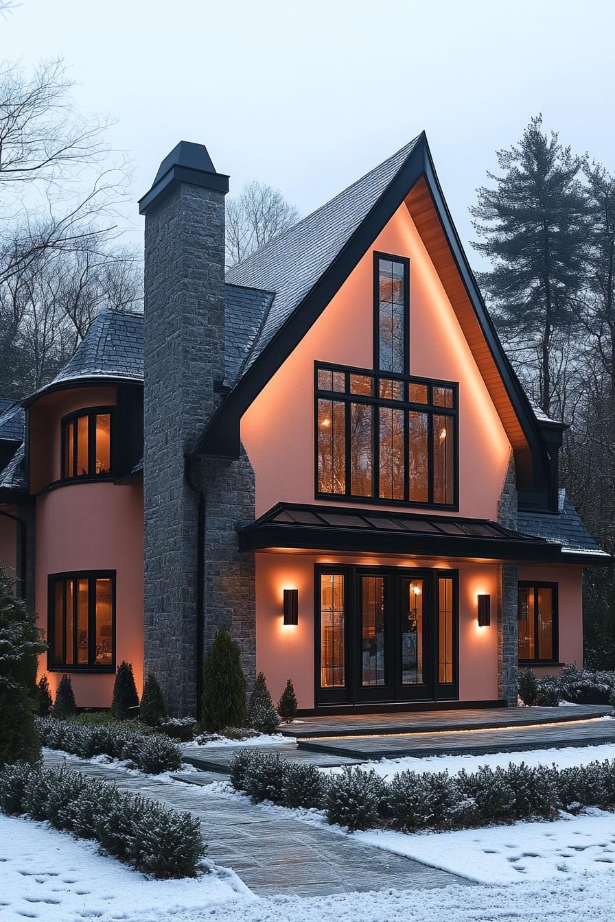 Modern house with steep roof and glowing windows