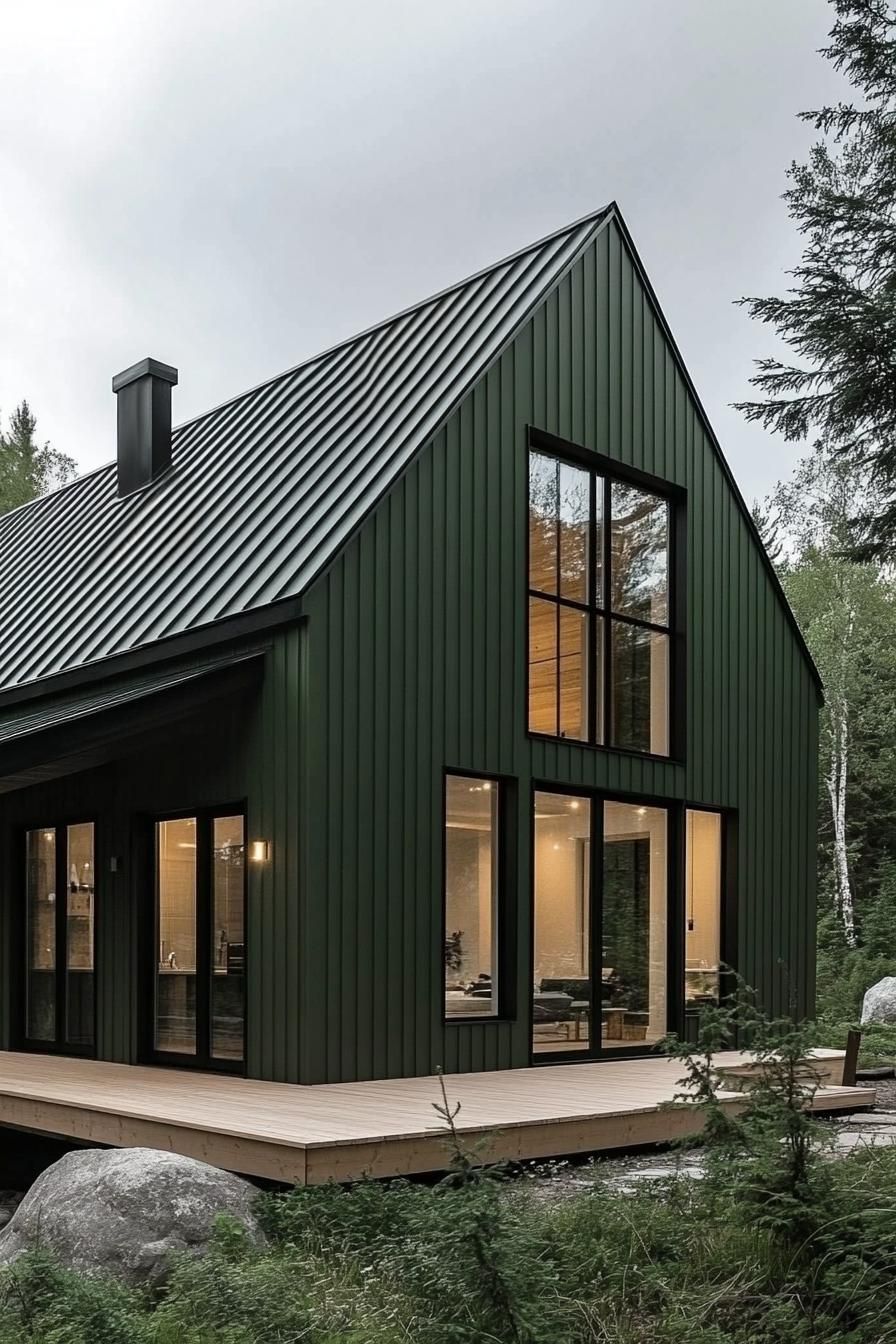 Modern green house with large windows and wooden deck