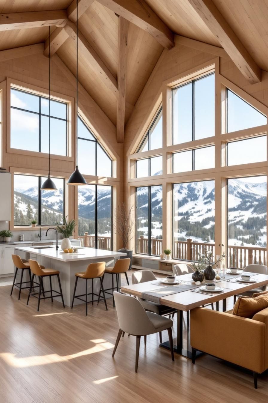 Large windows showcase stunning mountain scenery in a cabin interior