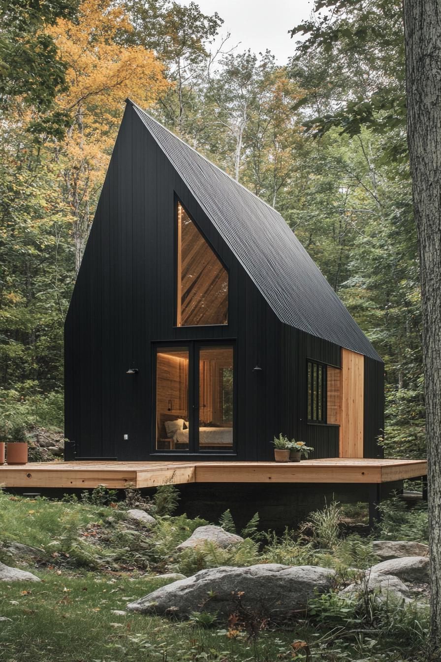 Sleek black house with triangular roof in wooded area