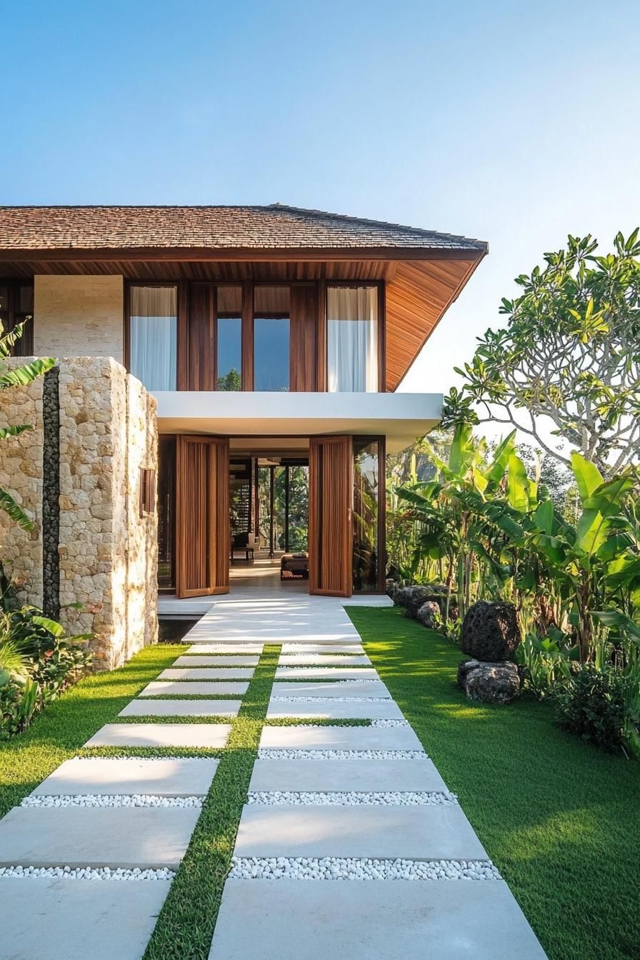 Stone pathway leading to a Balinese house with wooden details