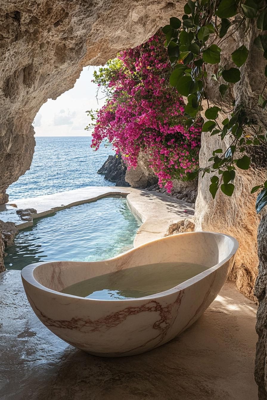 dreamy outdoor bathtub made of marble in curvy forms it is in a cave home with walls overgrown in pink flowers theres a natural cave pool and ocean 1