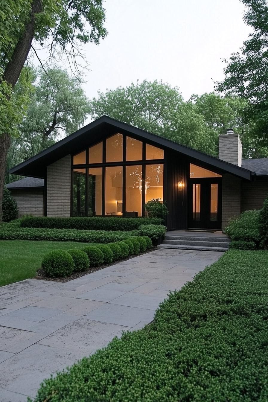 Mid-century brick home with large windows and lush greenery