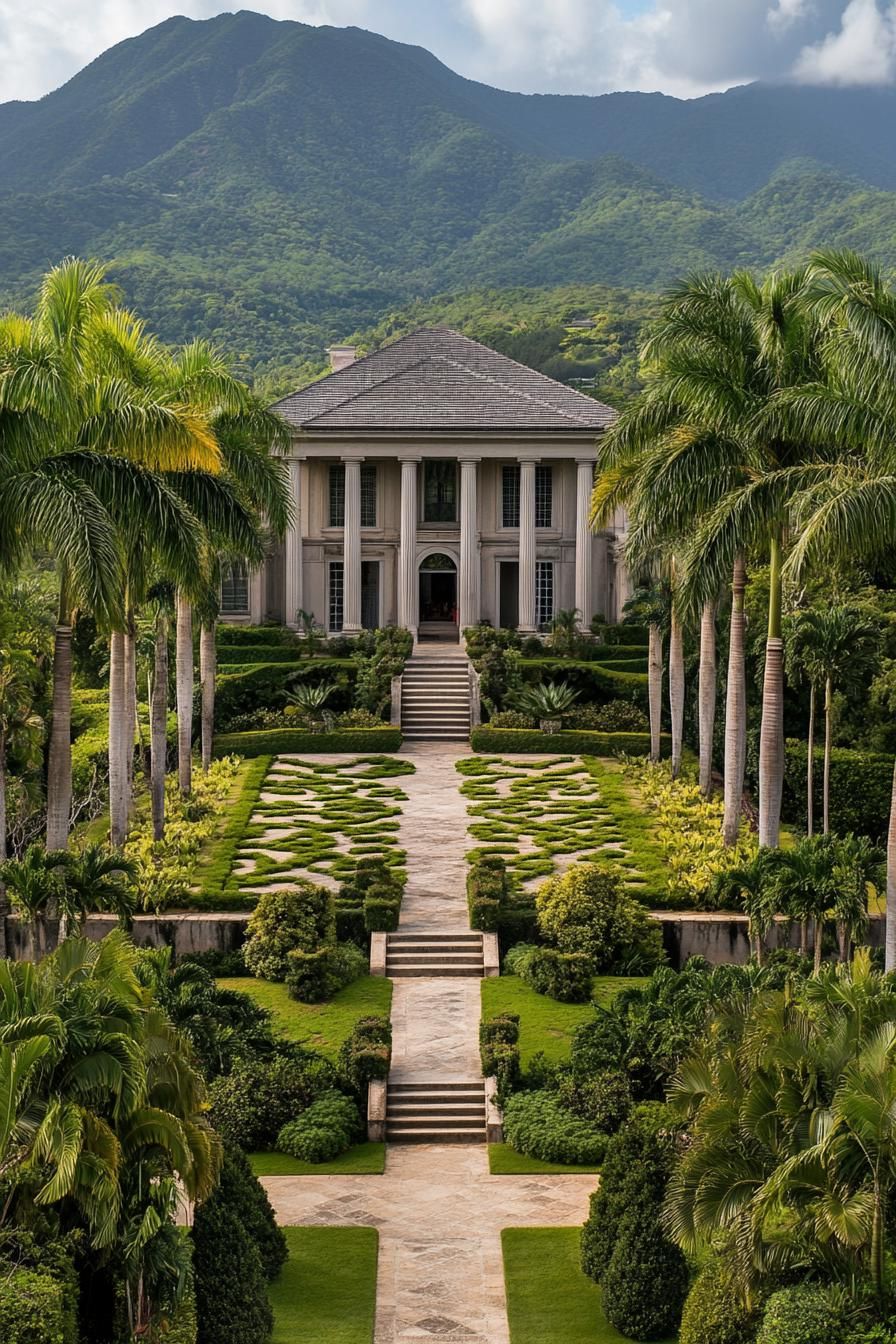 high angle view of Georgien style manor with grey roof facade with columns large front garden with geometric shrubs tall palms and paven paths with