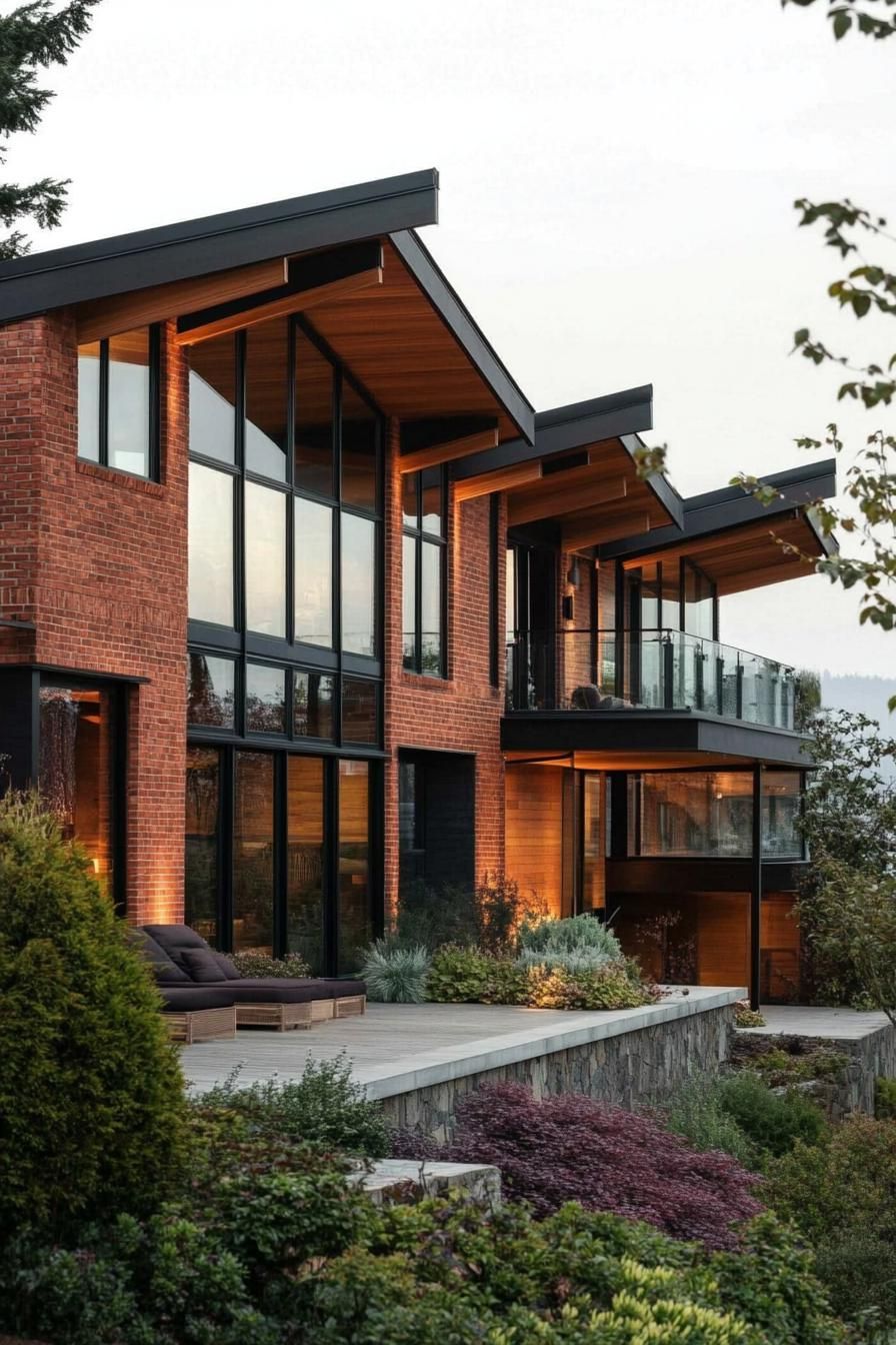 modern slope cascading house facade with red brick siding slanted roof along the hill full wall windows with wooden frames 1