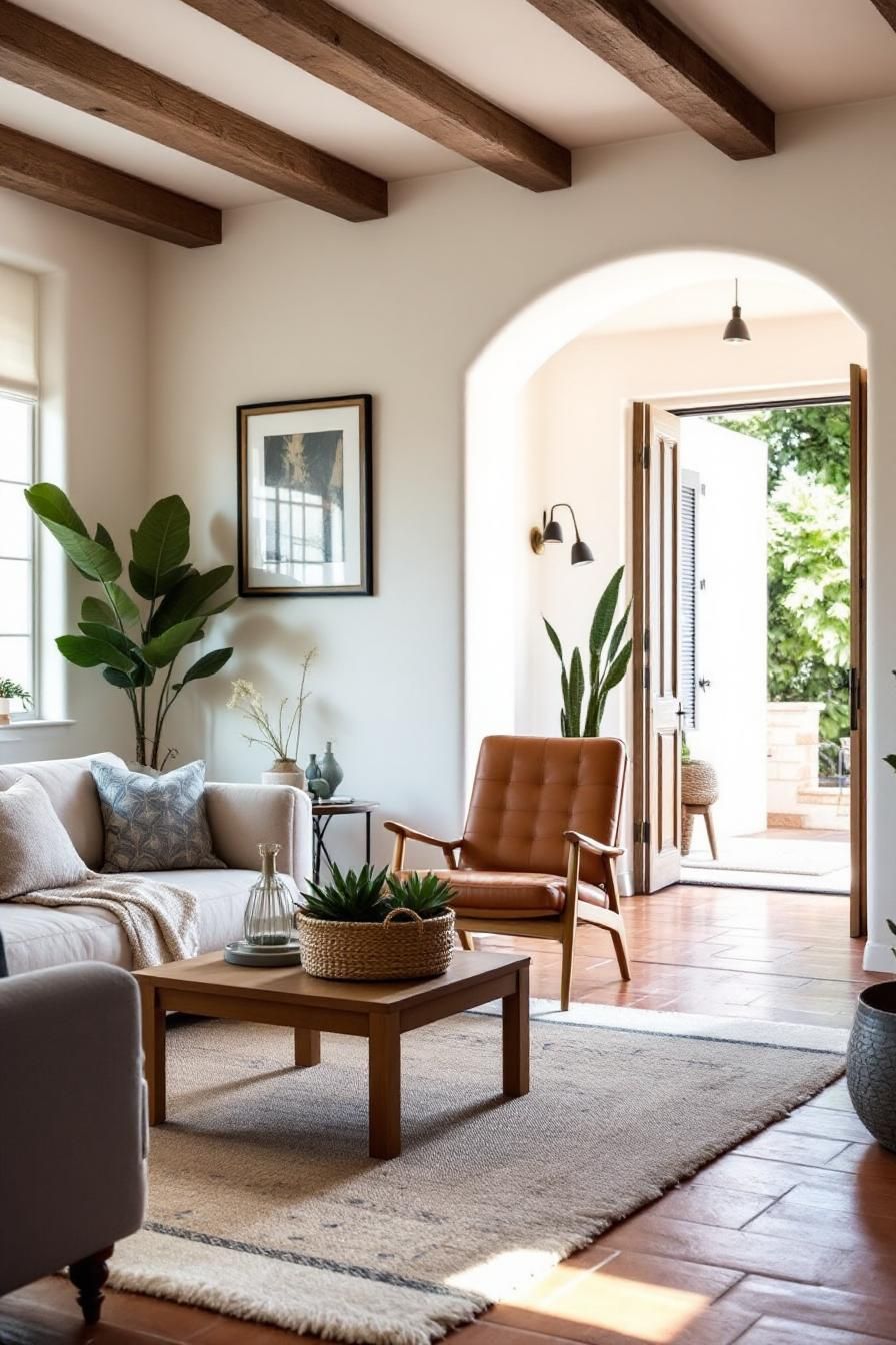 Living room with Spanish interior design, warm tones, and natural light