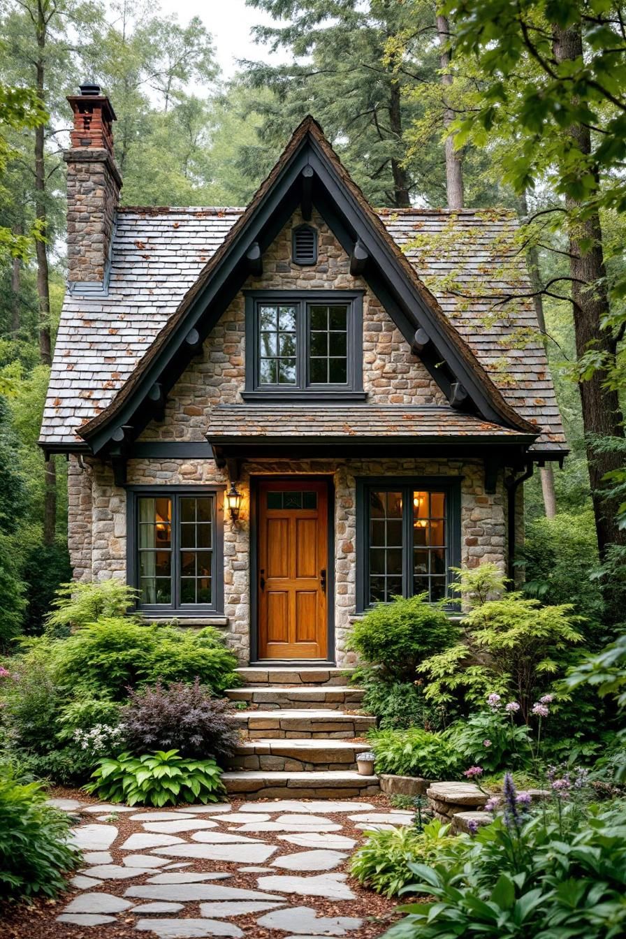 Cozy stone cottage surrounded by lush greenery