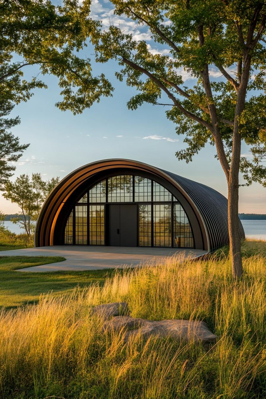 Quonset hut home with large glass facade by a lake