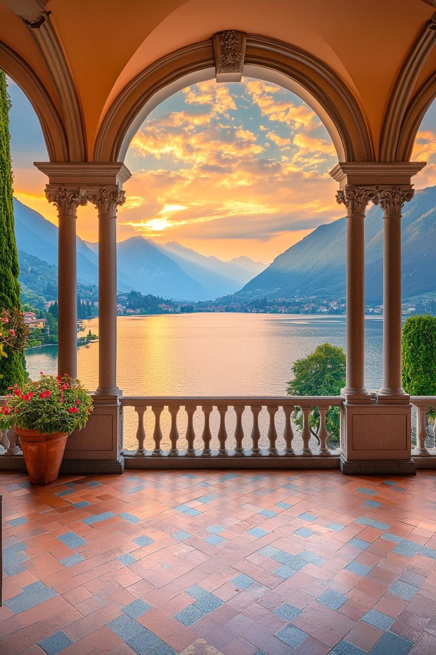 terrace of an italian villa with arches and tiled floor stunning view of large lake surrounded by mountains during sunset 1