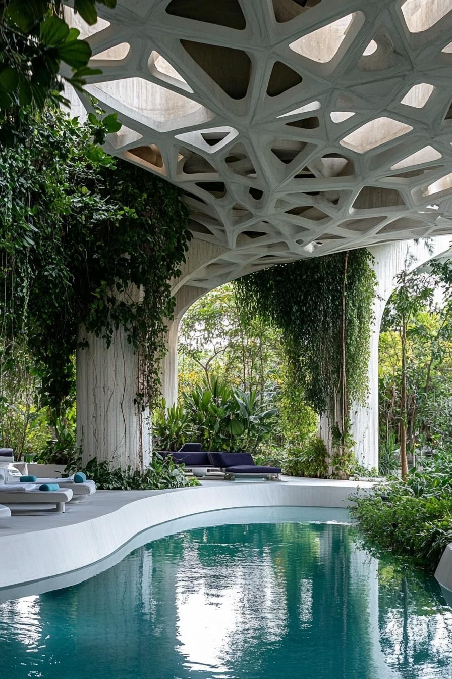 large white concrete pavillion with geometric ceiling over a curvy river pool overgrown with vines climbers runner plants lush greenery there is