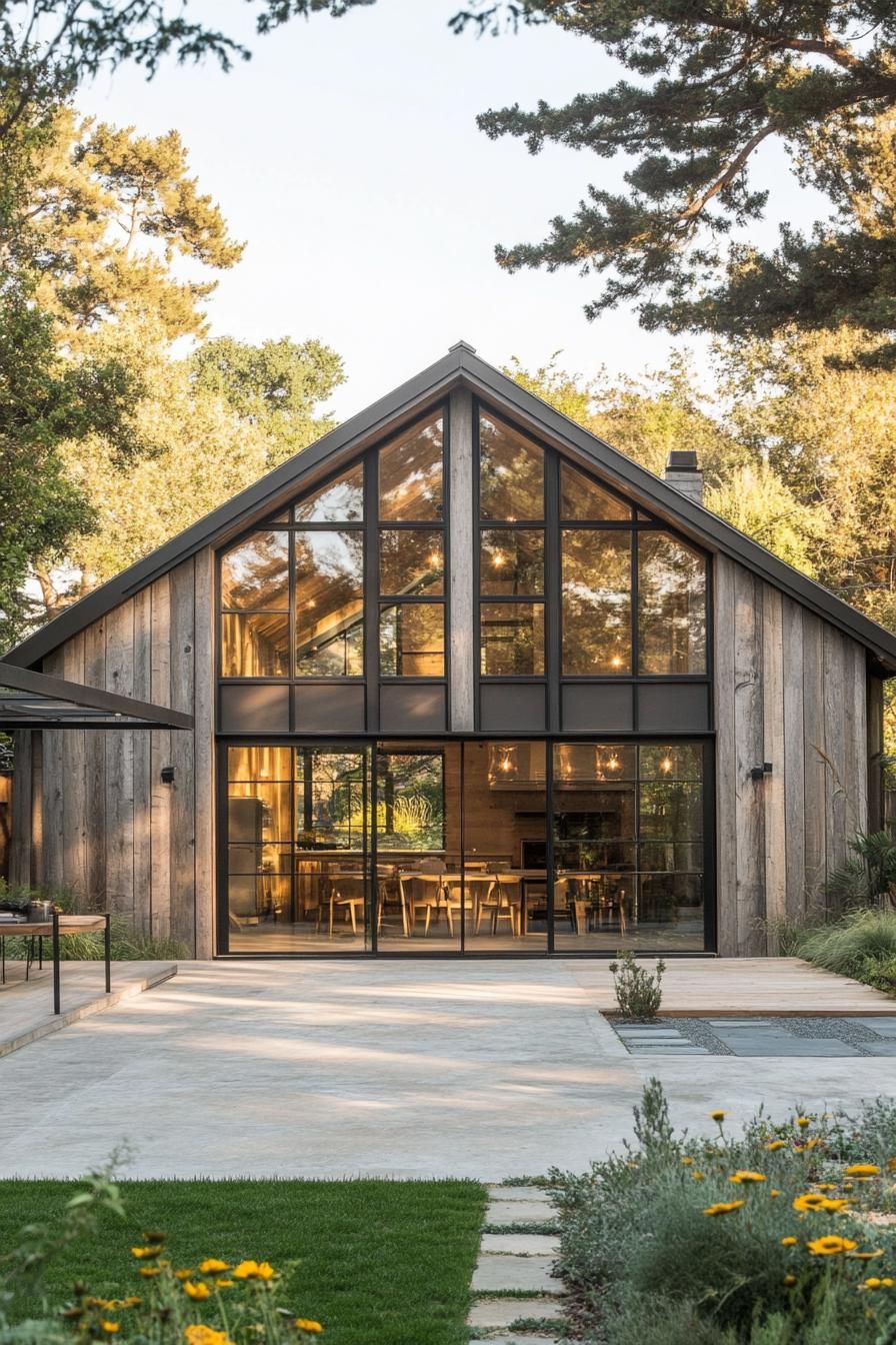 Modern barn house with large glass front at sunset