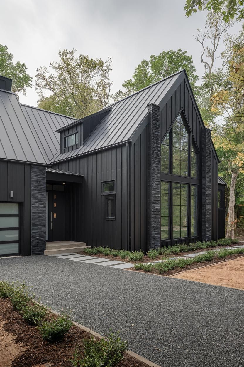 Large black contemporary house with a sloping roof and large windows