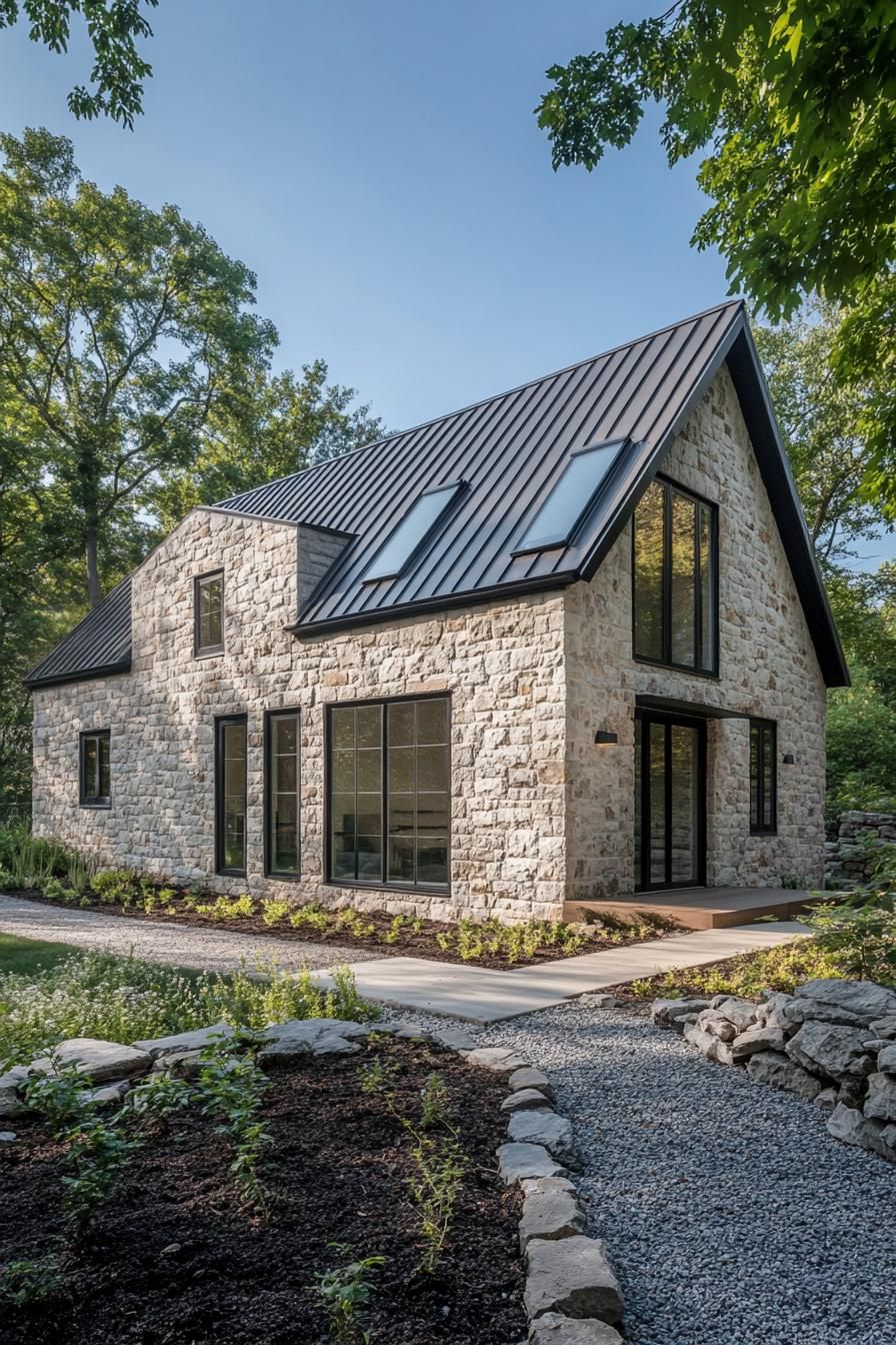 Modern stone barn with sleek windows and pitched roof