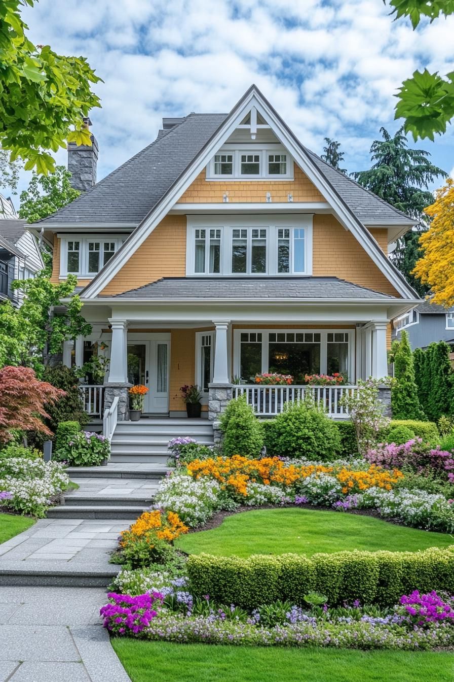 modern cottage in pastel yellow siding stone grey multi pitched roof large windows with white trim and mouldings v 6.1