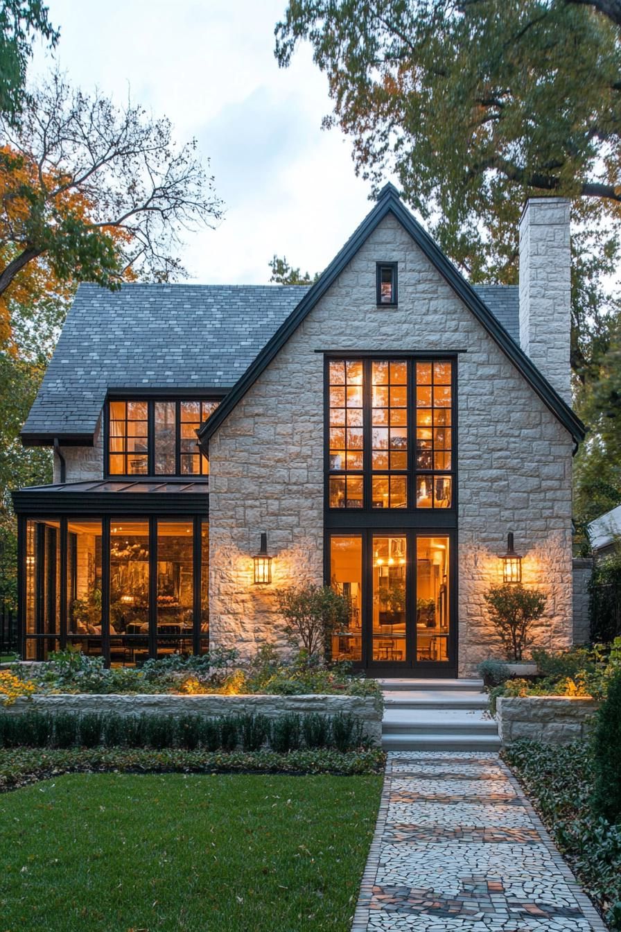 Stone house with grand windows and mosaic path