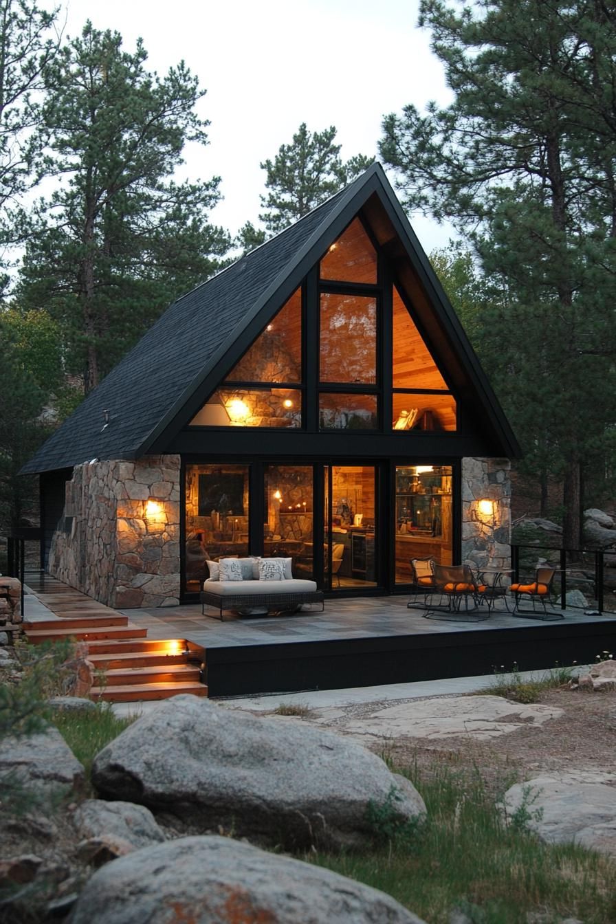 A-frame cabin with large glass windows amidst forest