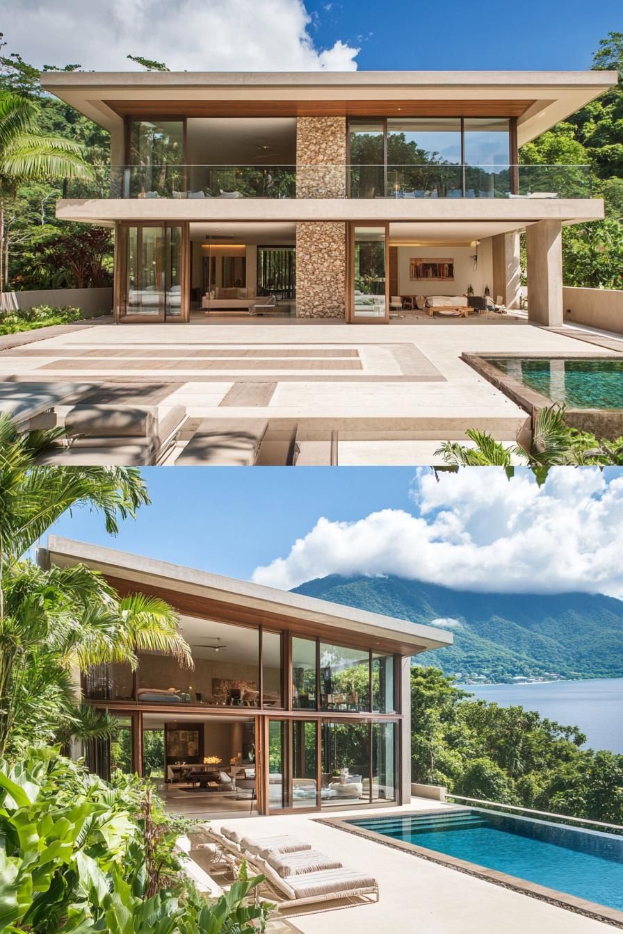 Modern villa with large glass windows and pool, surrounded by lush greenery and mountain view