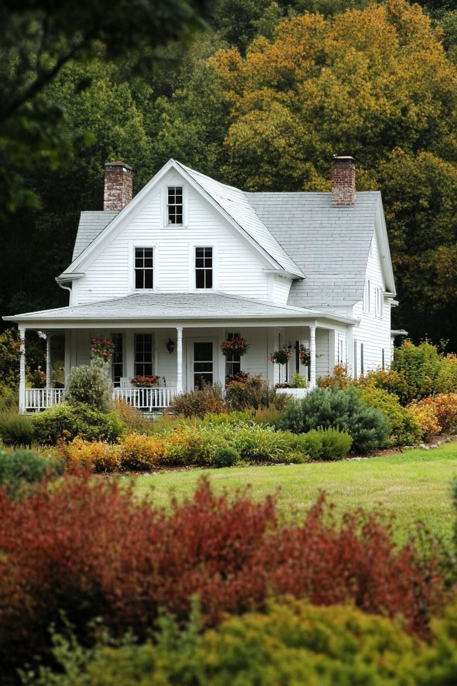 countryside farmhouse cottage in white siding grey roof front porch landscape with geometric shrubs an trees 1