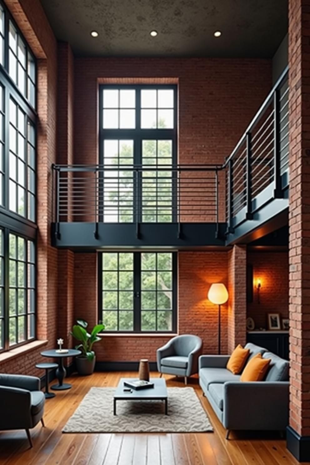 Stylish loft space with brick walls and large windows