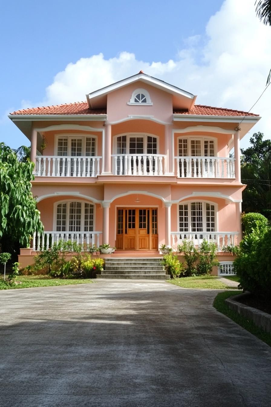 Two-story peach colonial house with white balustrades