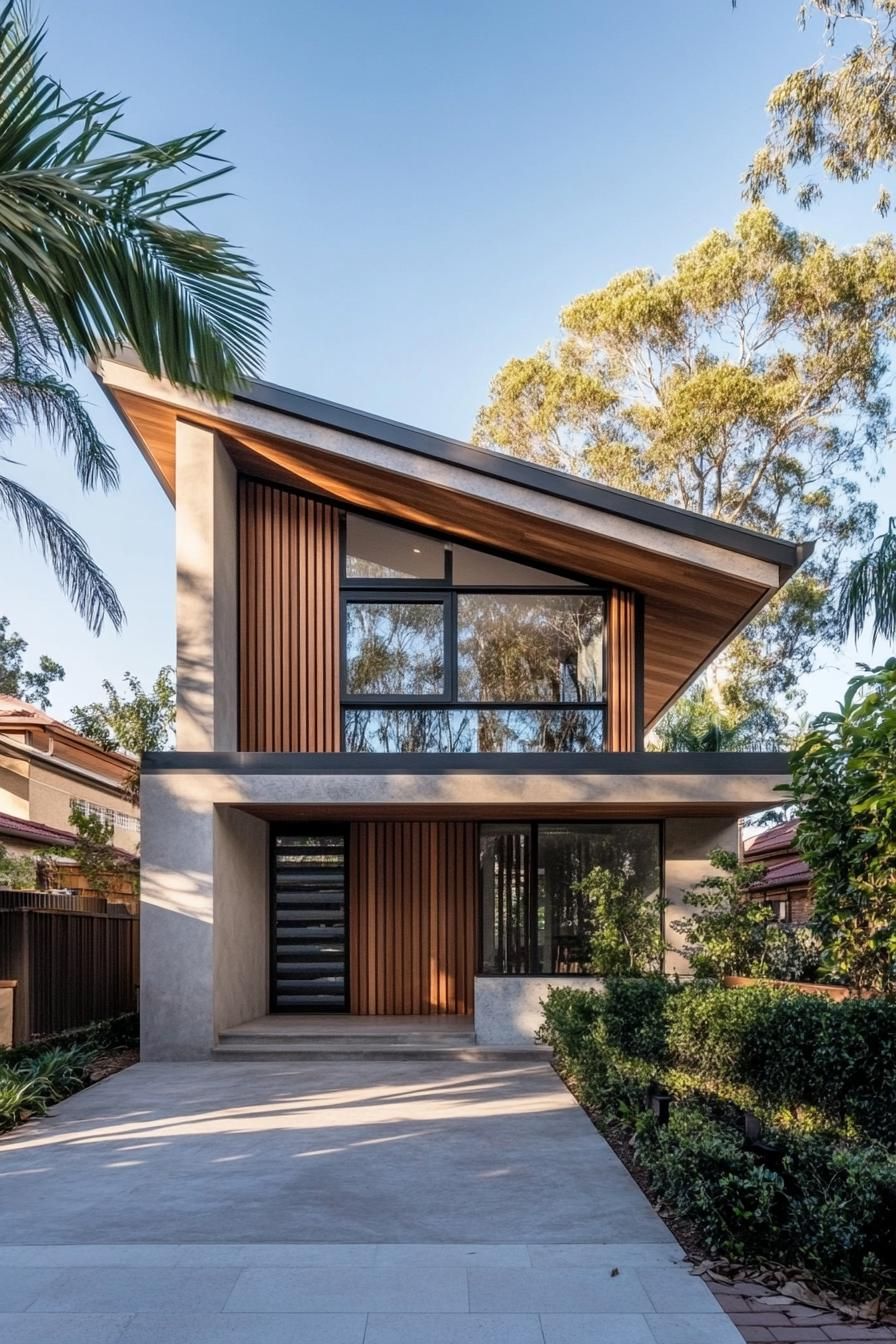 Modern house with a skillion roof surrounded by greenery