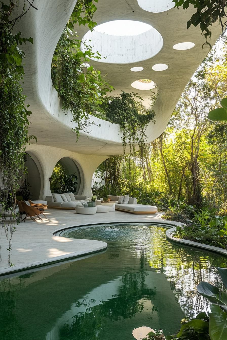 large white concrete pavillion with geometric ceiling over a curvy river pool overgrown with vines climbers runner plants lush greenery there is 1