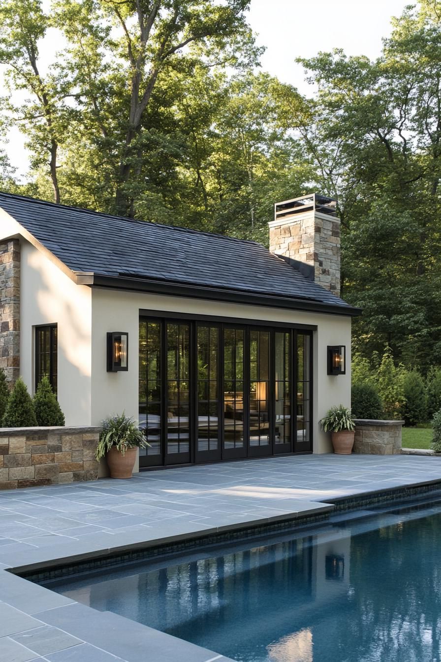 Modern pool house with large glass doors and stone accents