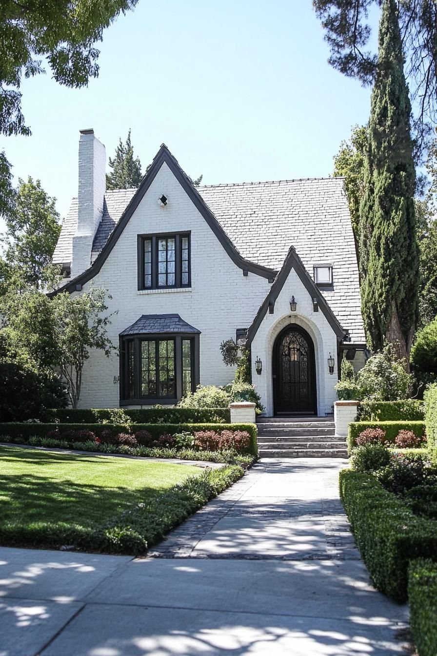 Classic Tudor house with modern touches and lush greenery