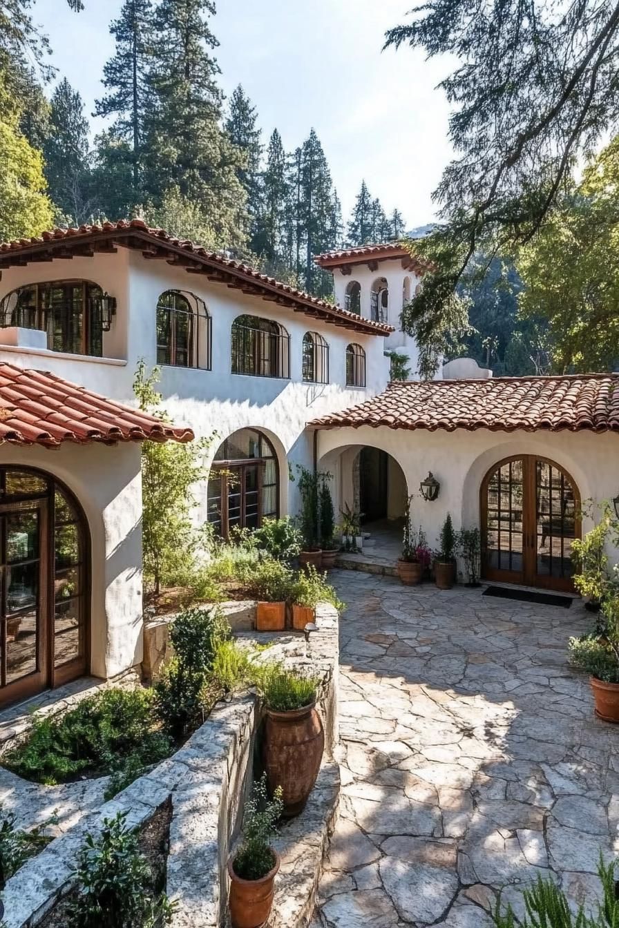 Rustic Mediterranean house with red-tiled roof surrounded by lush greenery