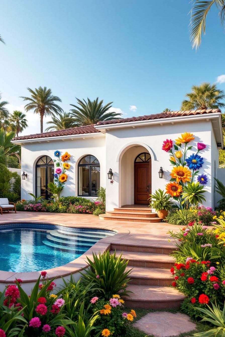 Vibrant Spanish bungalow with floral decor and pool