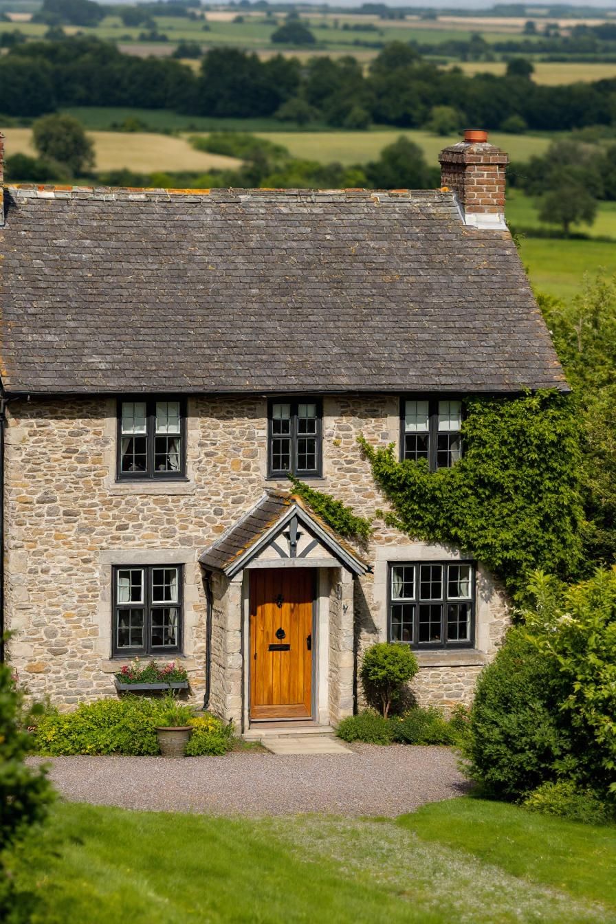 Delightful stone cottage with wooden door and ivy