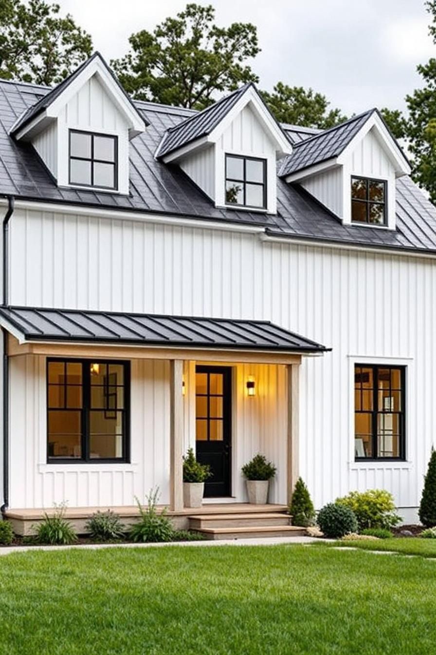 Charming white house with a black roof and lush lawn