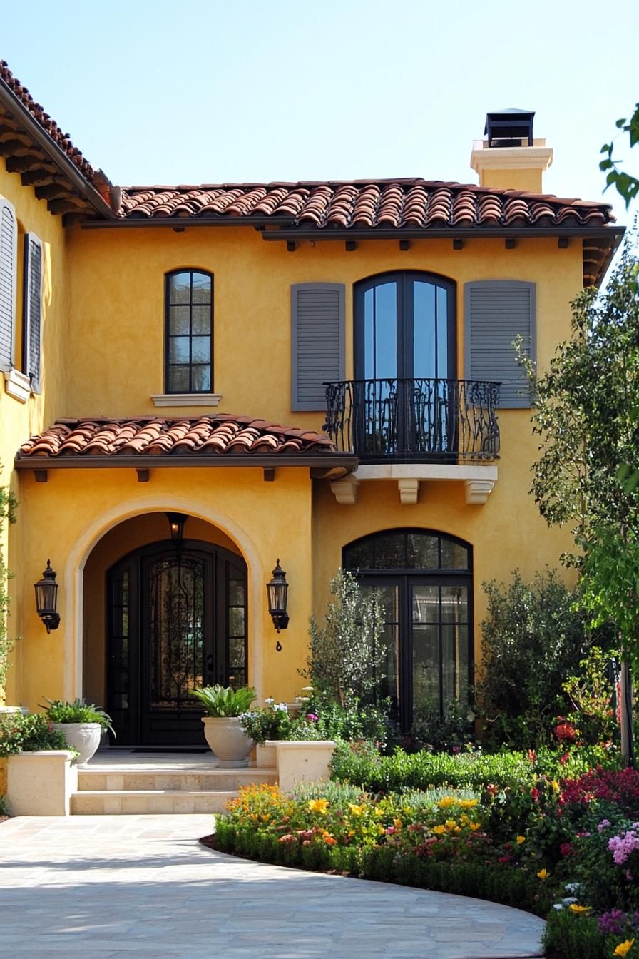 italian villa in yellow stucco siding and barrel tile roof three stories iron balcony windows with grey shutters front patio with potted plants 2