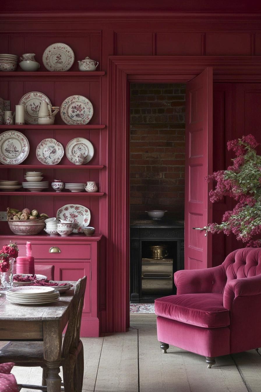 Deep red room with a plush chair and vintage dishes on display