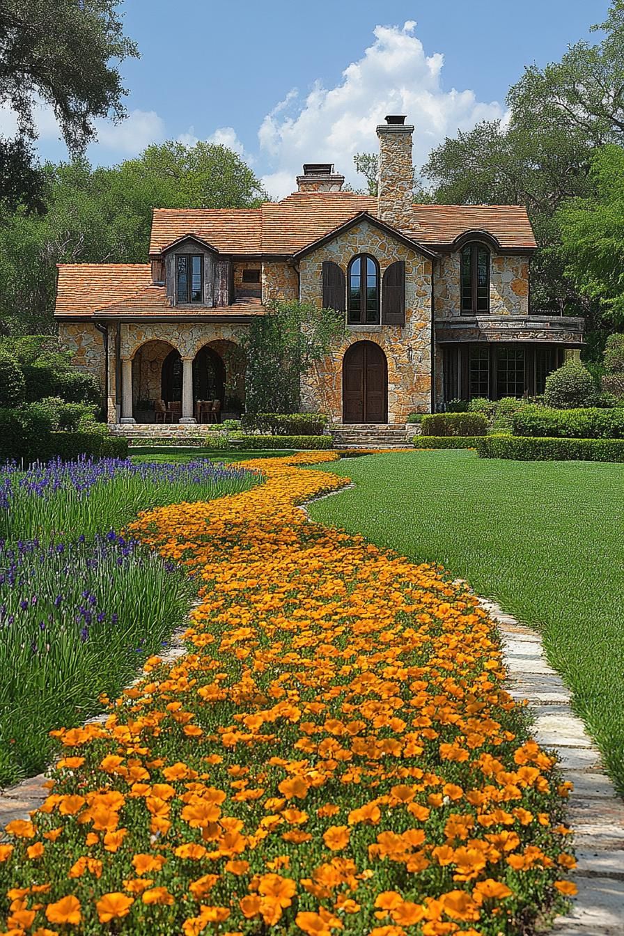 Charming stone house with arched windows and vibrant flower path