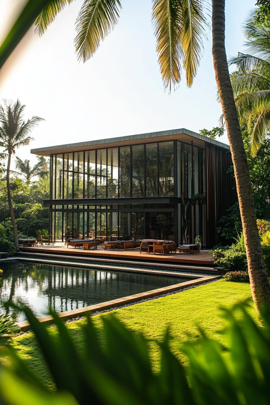 Modern tropical villa with glass walls and a pool