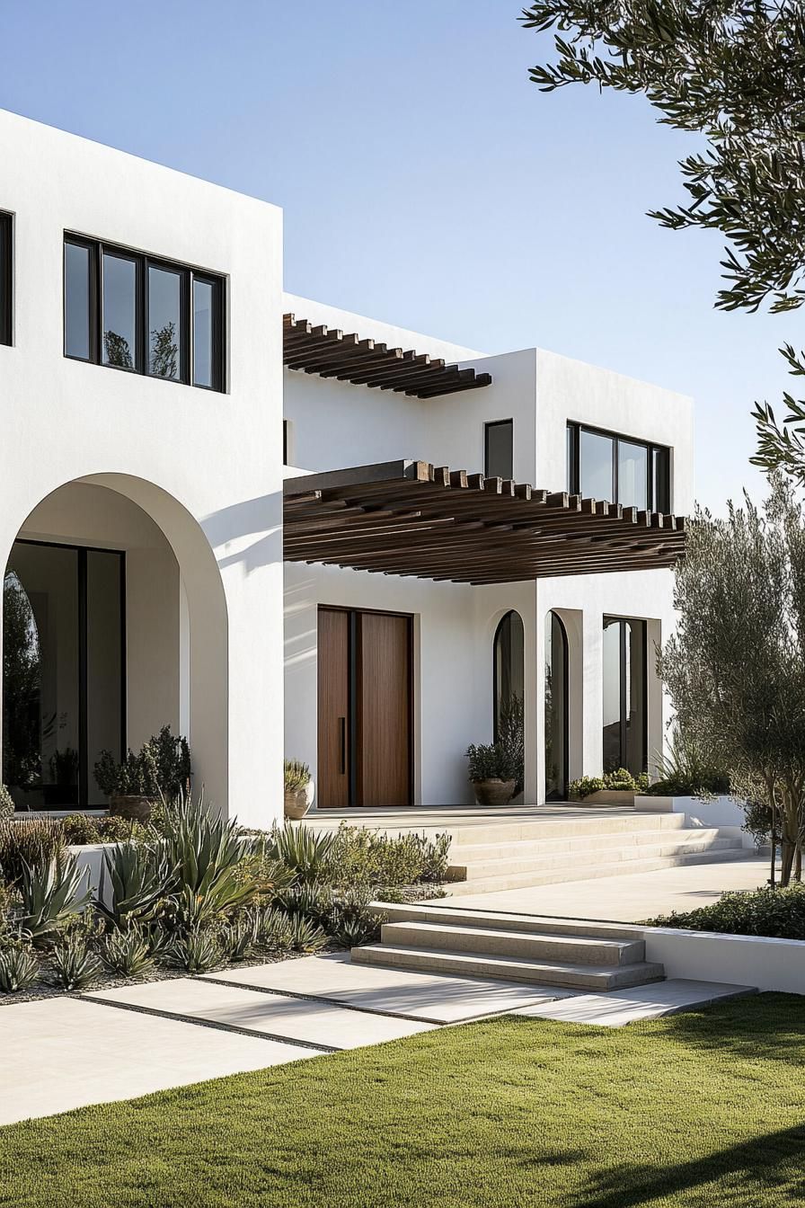 White stucco house with wooden accents