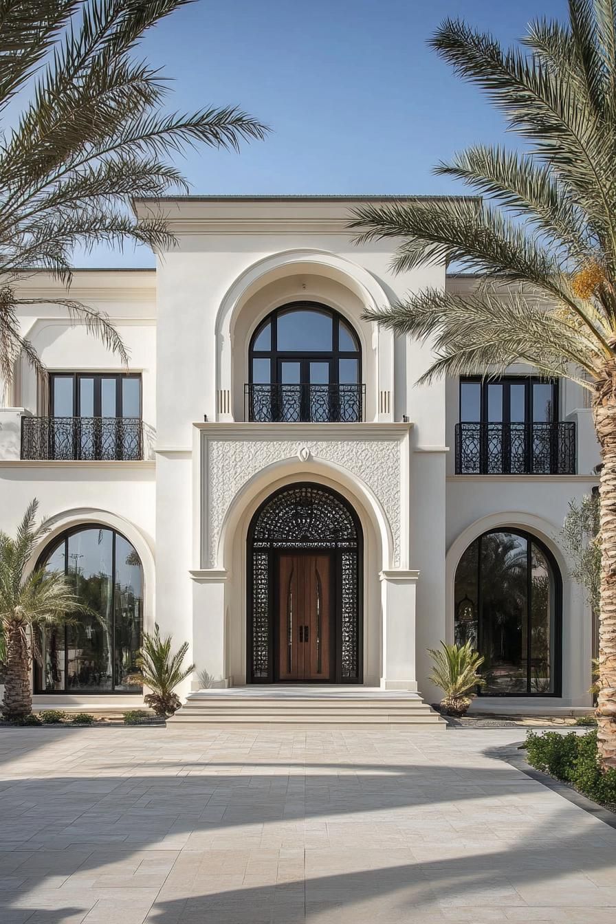 Elegant house facade with arches and palm trees