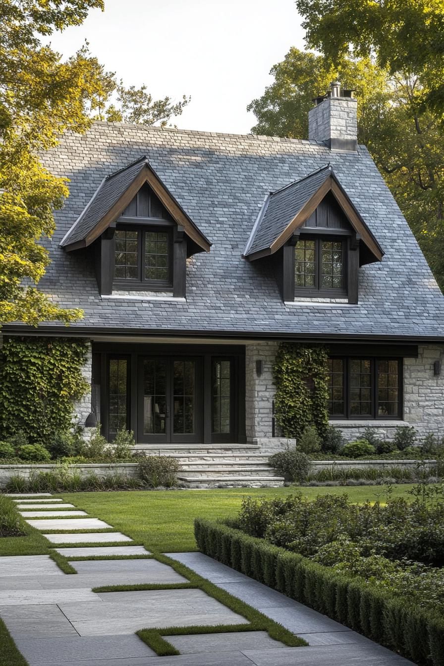 modern countryside cottage with stone mosaic facade grey stone tile roof with gables facade with vines modern windows and doors paved front yard