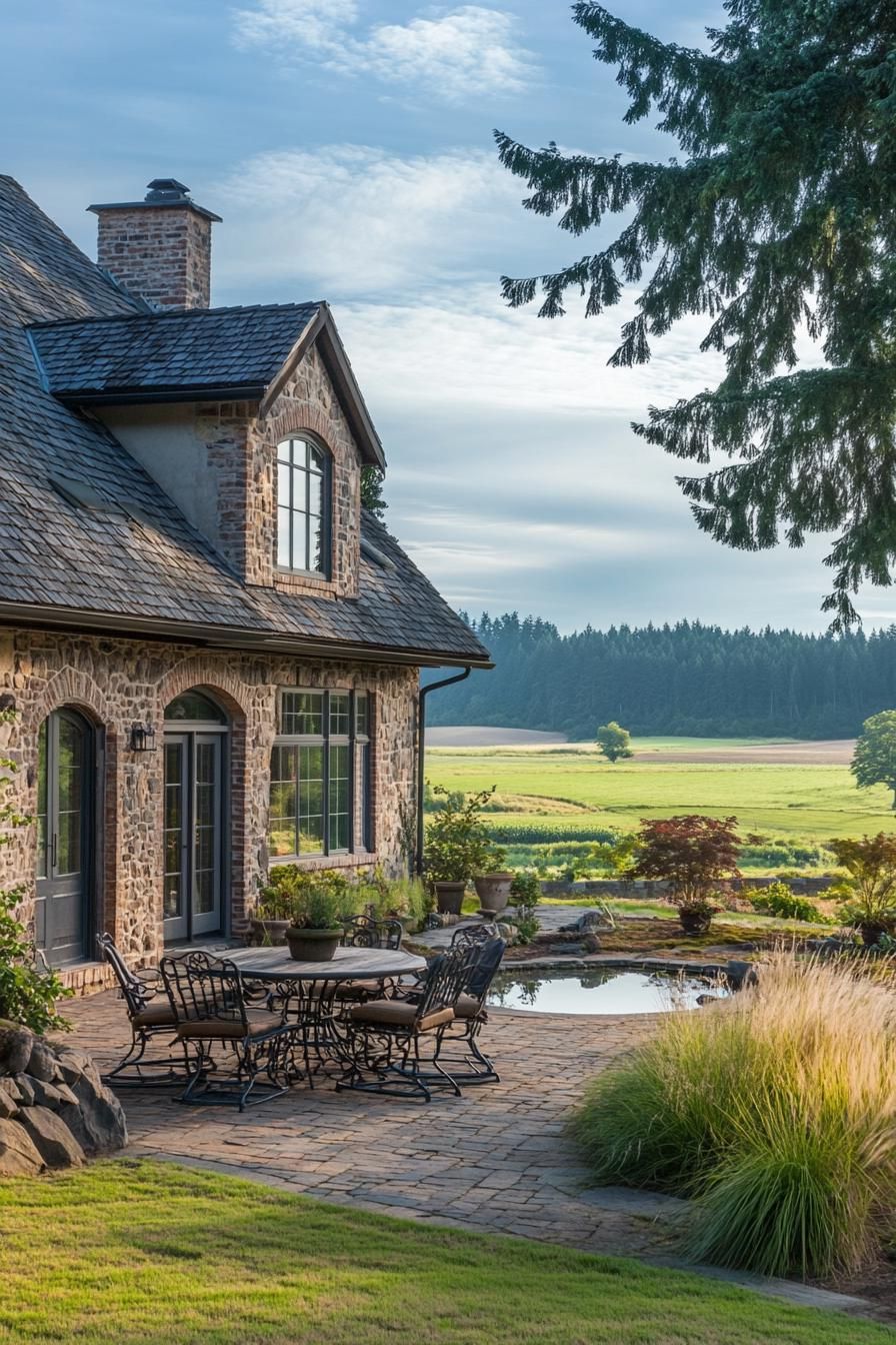 european country cottage with stone brick facade multi pitched gable roof outdoor patio with garden furniture large yard with lawn ornamental