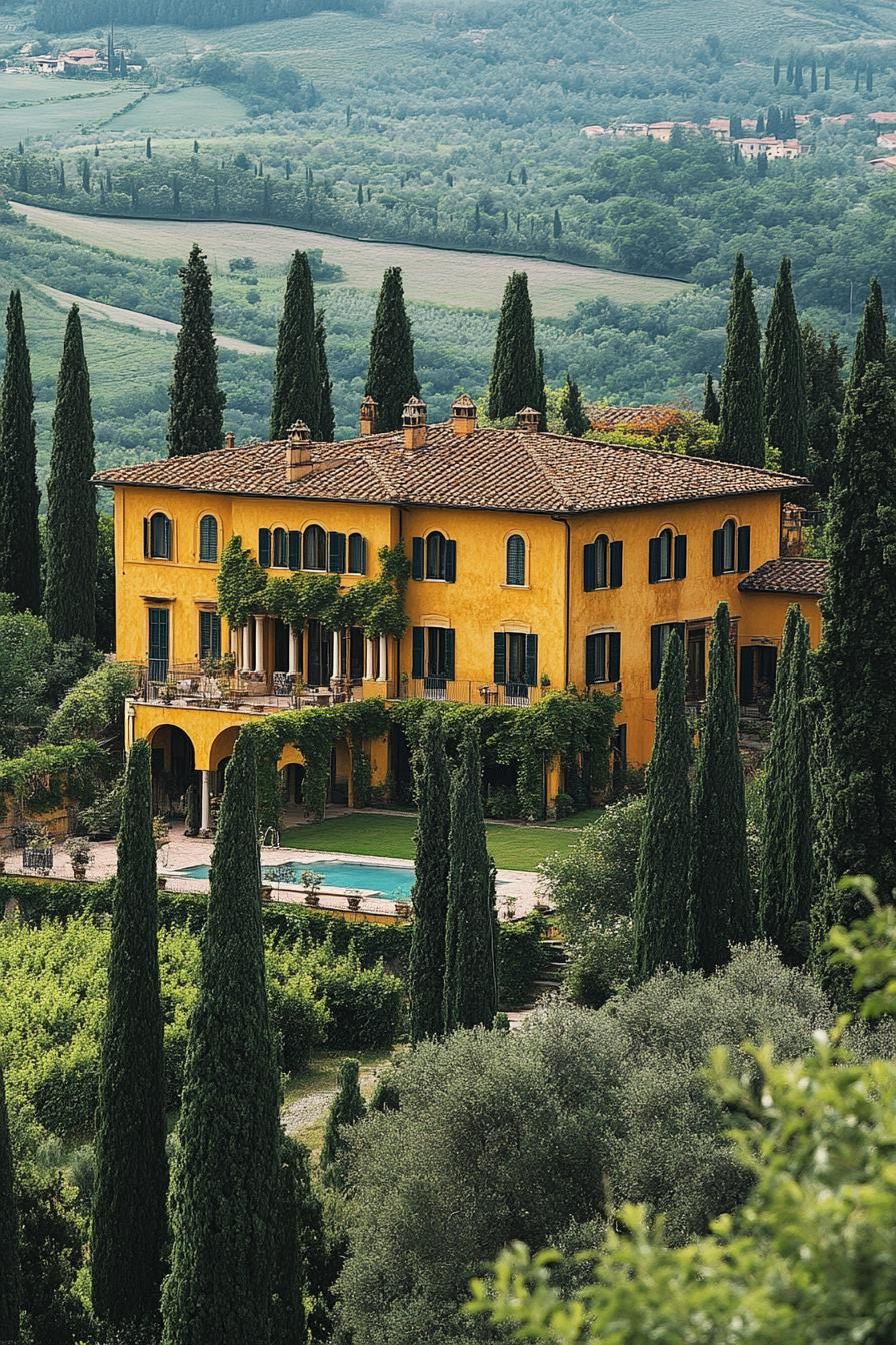 high angle view of an upkept italian villa in yellow stucco facade with vines yard surrounded by italian cypress pool green italian valley in the