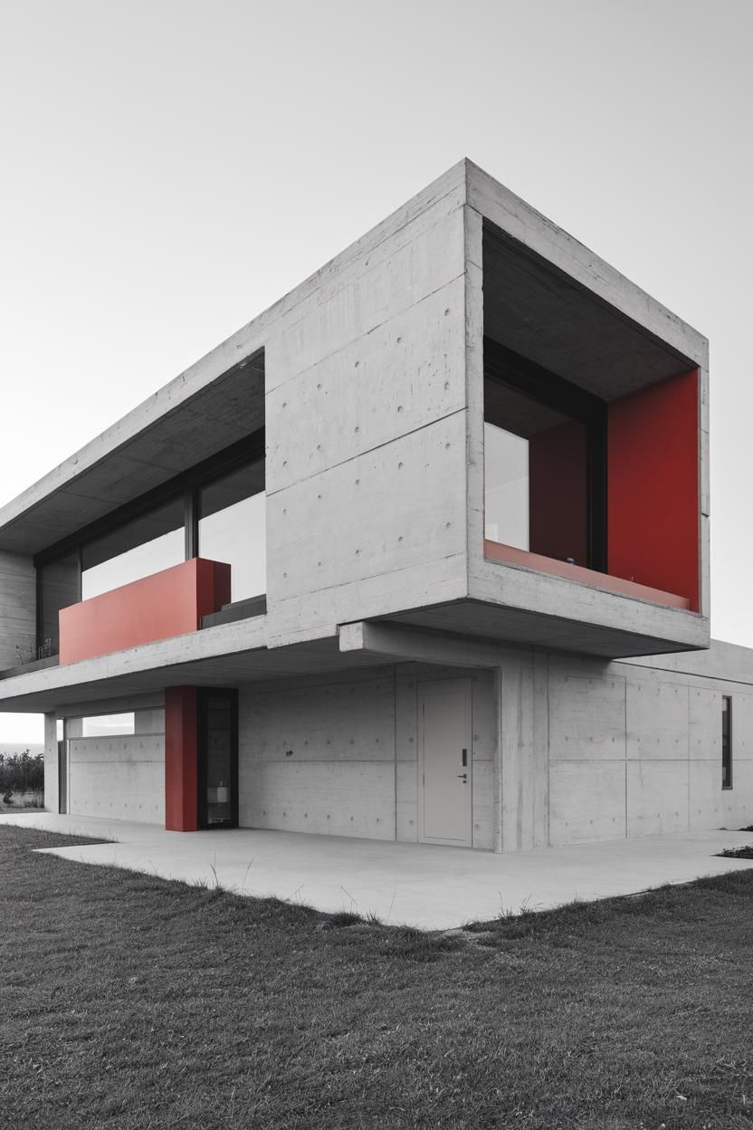 Modern concrete house with red accents