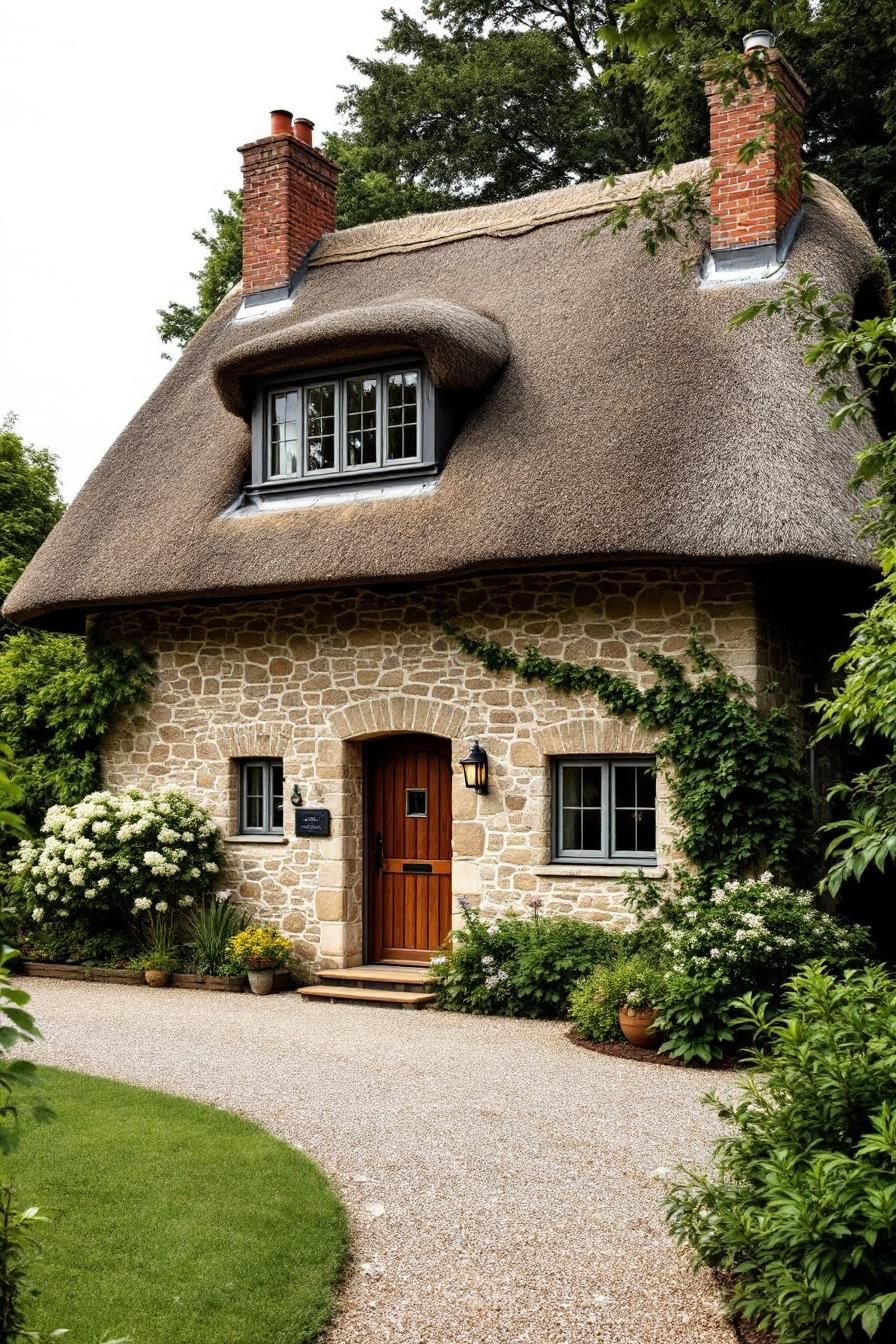 Brick and thatch cottage with climbing vines