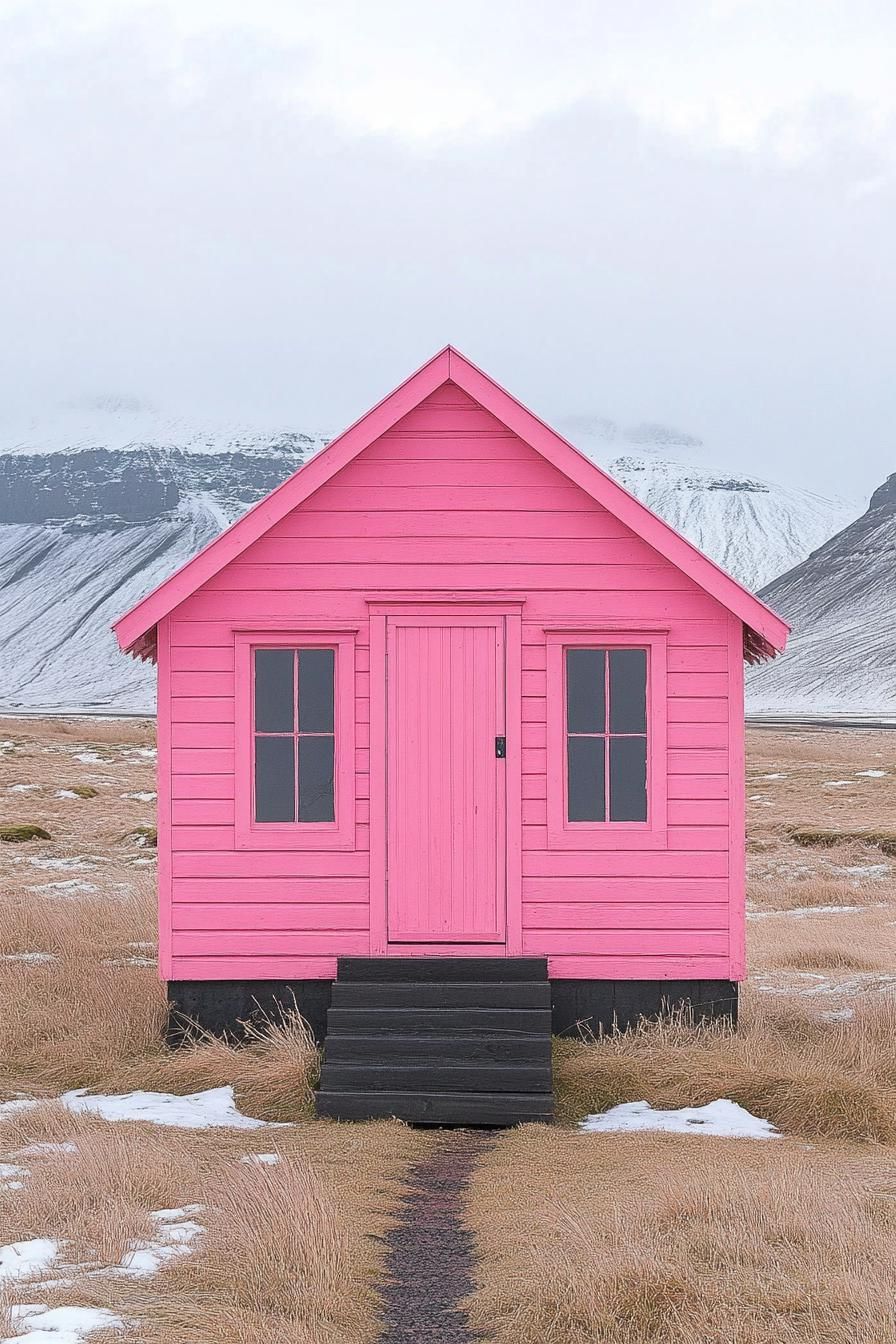 Vibrant pink cabin set in a snowy landscape with mountains in the background