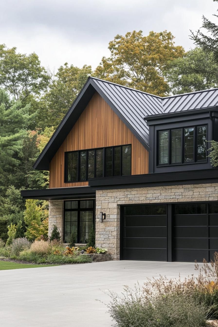 modern farmhouse in mixed siding with black cedar stone multi pitched black roof modern windows with black trim cedar wood garage doors large