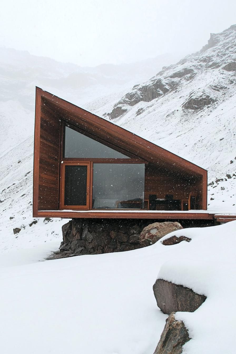 Modern cabin with geometric design in snow