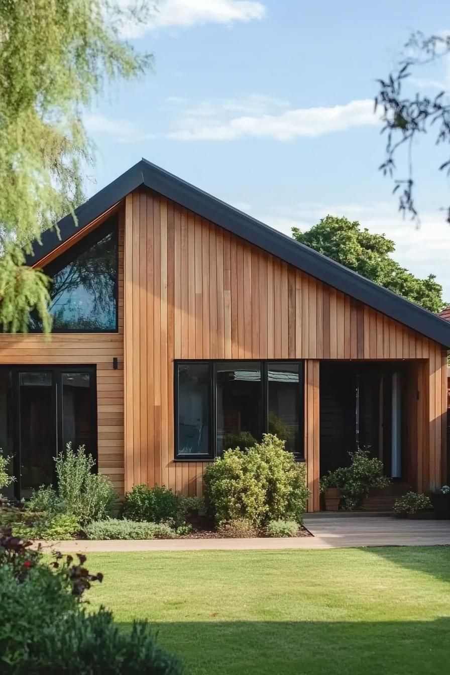 timber clad modern house with gable roof bungalow style large black modern windows suburban front yard with shrubs 4