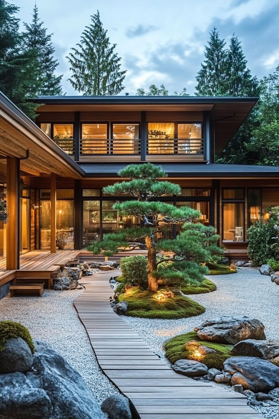 Japanese courtyard with trees, wooden walkway, and cozy lights