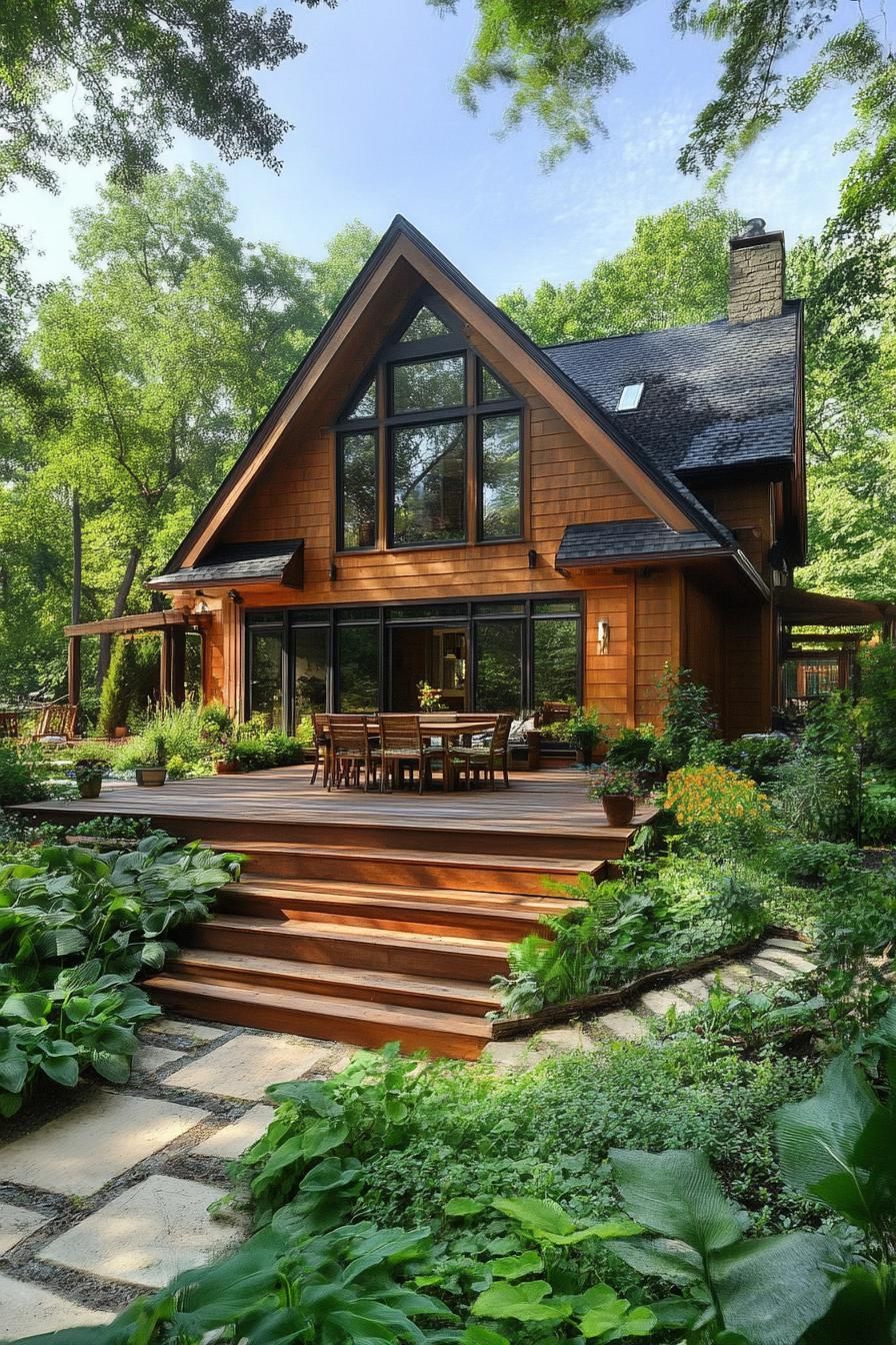 village cottage house with wooden siding gabled roof modern windows large wooden deck and a garden terrace below lush greenery wooden steps 1