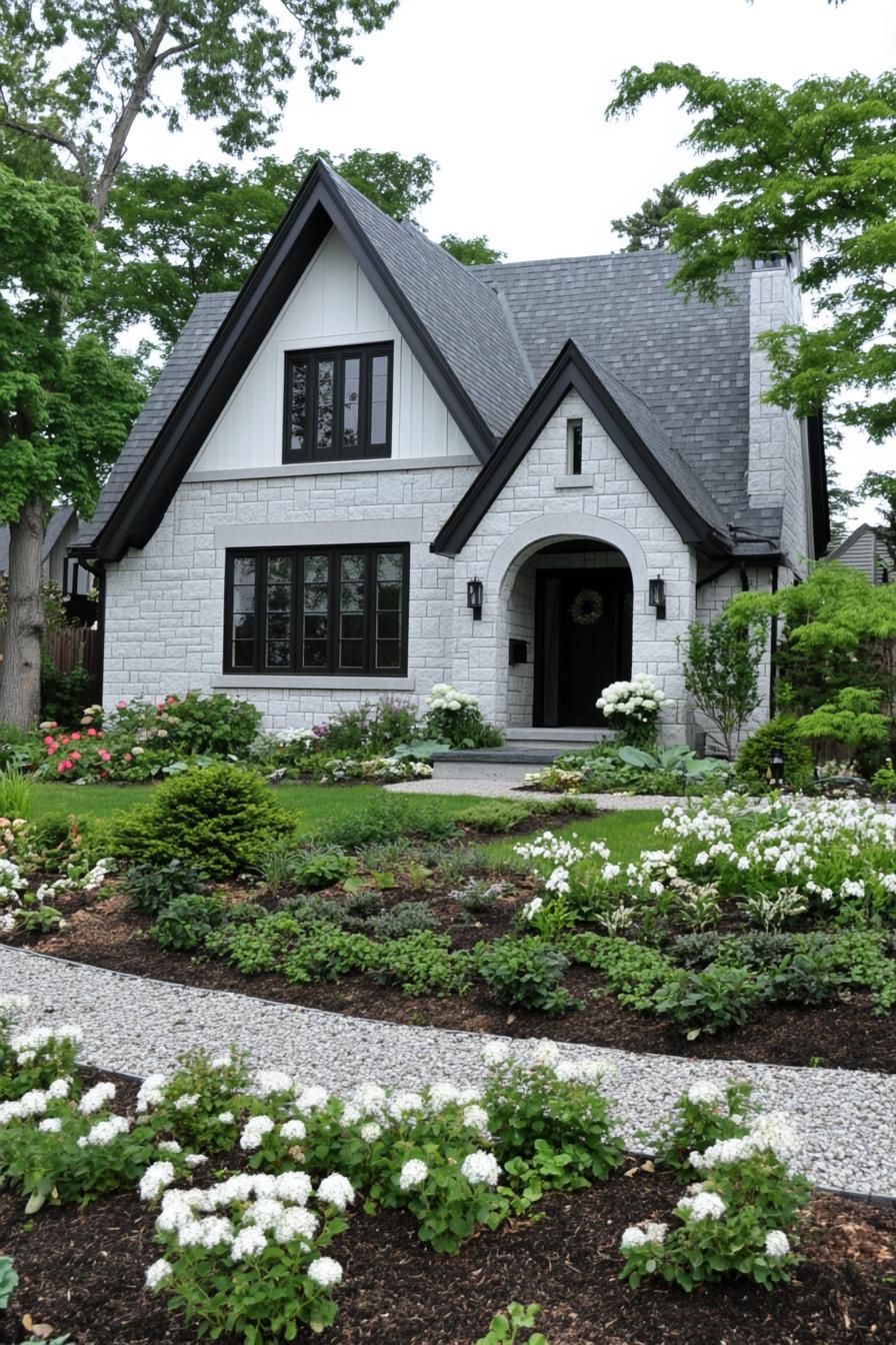 Charming stone house with lush garden in full bloom